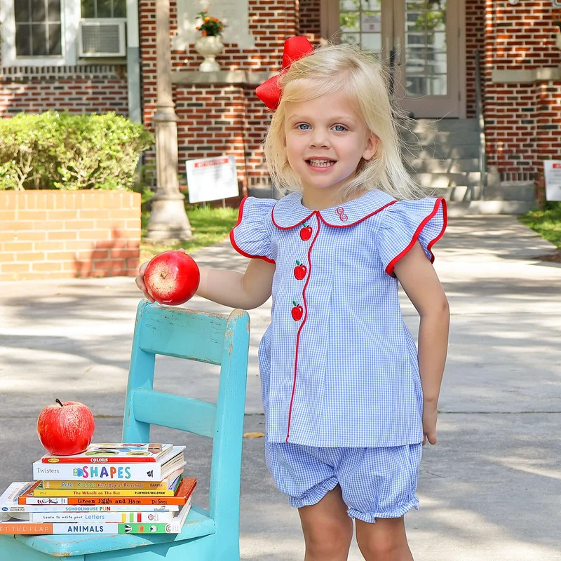 Adorable Apple Blue Gingham Jane Bloomer Set | Classic Whimsy