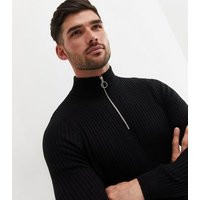 Men's Black Ribbed Zip High Neck Muscle Fit Jumper New Look | New Look (UK)