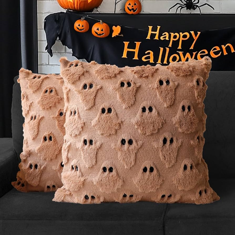4TH Emotion Halloween Ghost Decorative Pillow Covers 18x18 Set of 2, Light Brown Soft Plush Faux ... | Amazon (US)