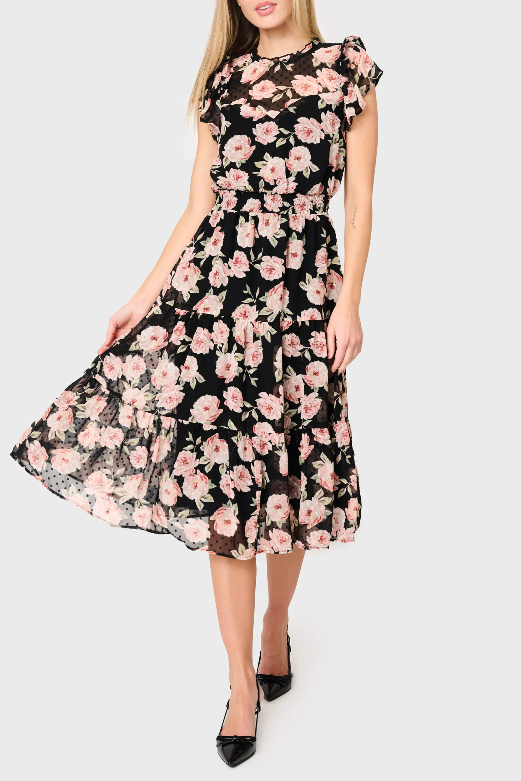 Sweetheart Pin Dot Flutter Sleeve Dress | Black Floral | Gibson