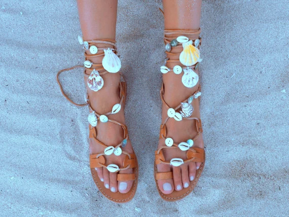 Sea Shell Greek Lace Up Sandals , Leather Sandals, Bohemian Bridal Sandals, Wedding Sandals, Beach B | Etsy (US)