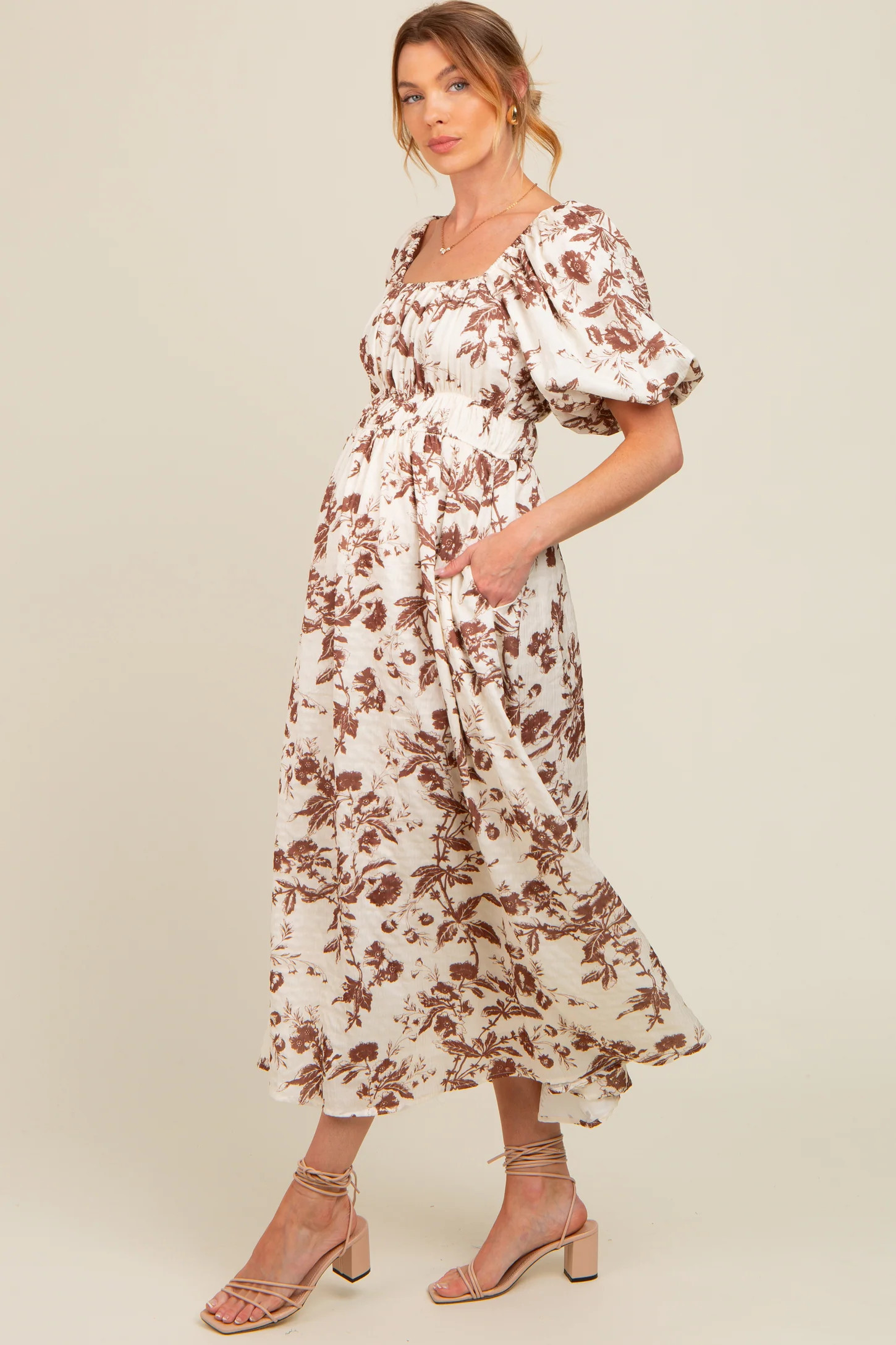 Brown Floral Puff Sleeve Maternity Midi Dress | PinkBlush Maternity
