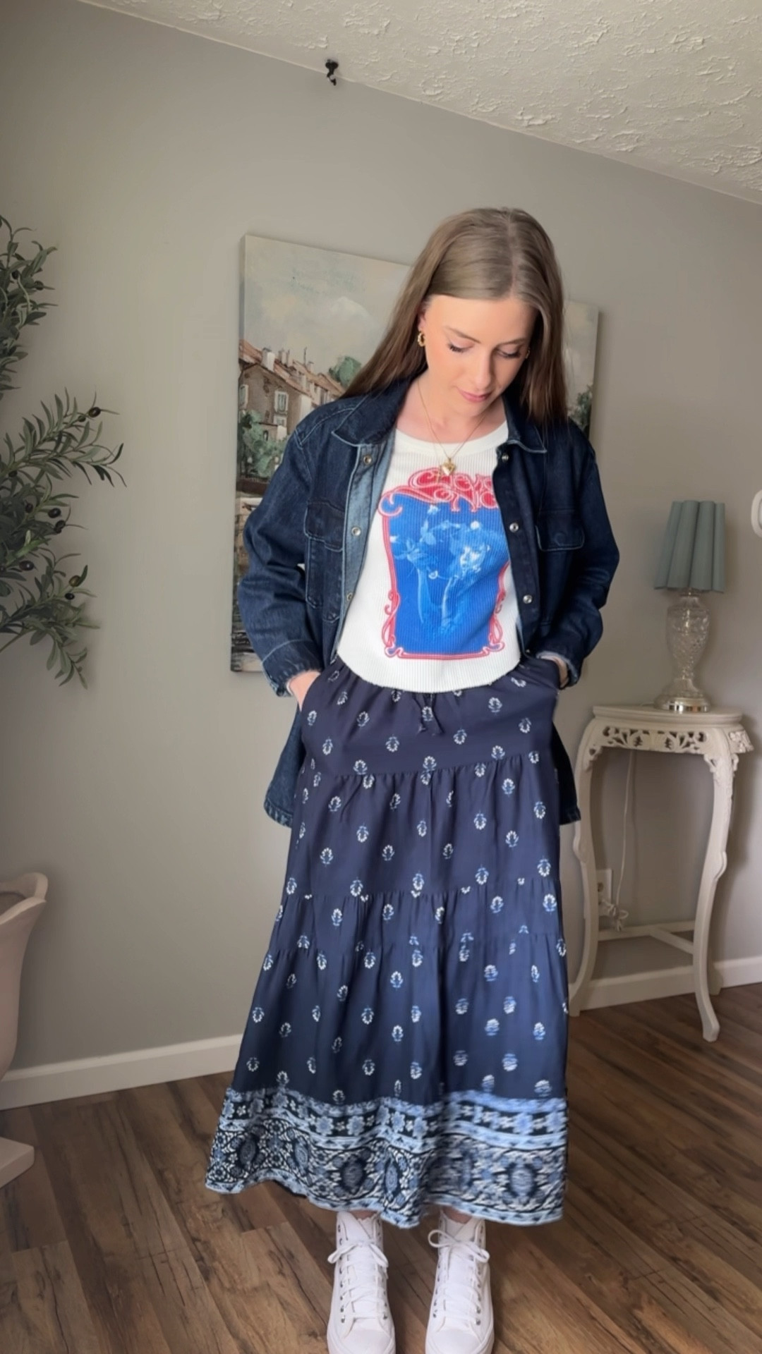 OOTD 5/24/25

Denim jacket is thrifted Old Navy, everything else has an exact link!

Dark wash denim jacket overshirt denim shirt old navy, paisley block print navy light blue pattern long maxi skirt tiered layered hem, drawstring waist low rise waisted maxi skirt full length, long sleeve waffle knit top, Stevie Nicks long sleeve graphic tee top tour merch, white high top converse platform sneakers, ruffle socks crew socks, gold jewelry affordable Amazon finds for less

#LTKStyleTip #LTKSaleAlert #LTKFindsUnder50