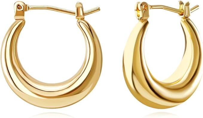 FAMARINE 18K Gold Plated Chunky Small Hoop Earrings, Dainty Minimalist Open Hoops Earrings For Wo... | Amazon (US)