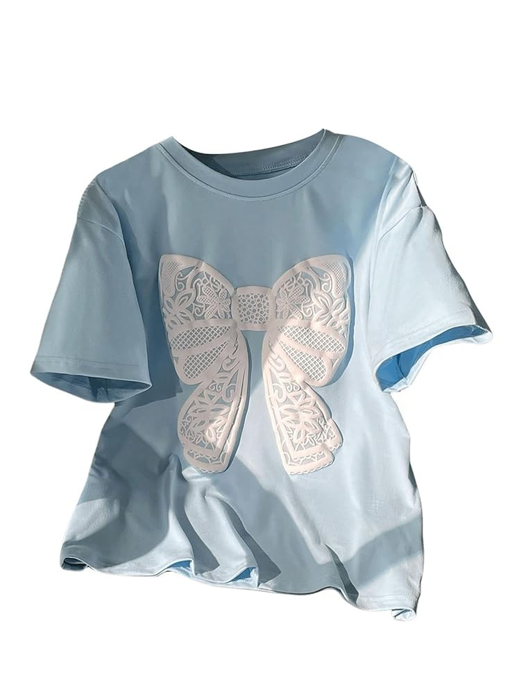SweatyRocks Girl's Cute Bow Tee Shirt Short Sleeve Crew Neck Summer Top | Amazon (US)