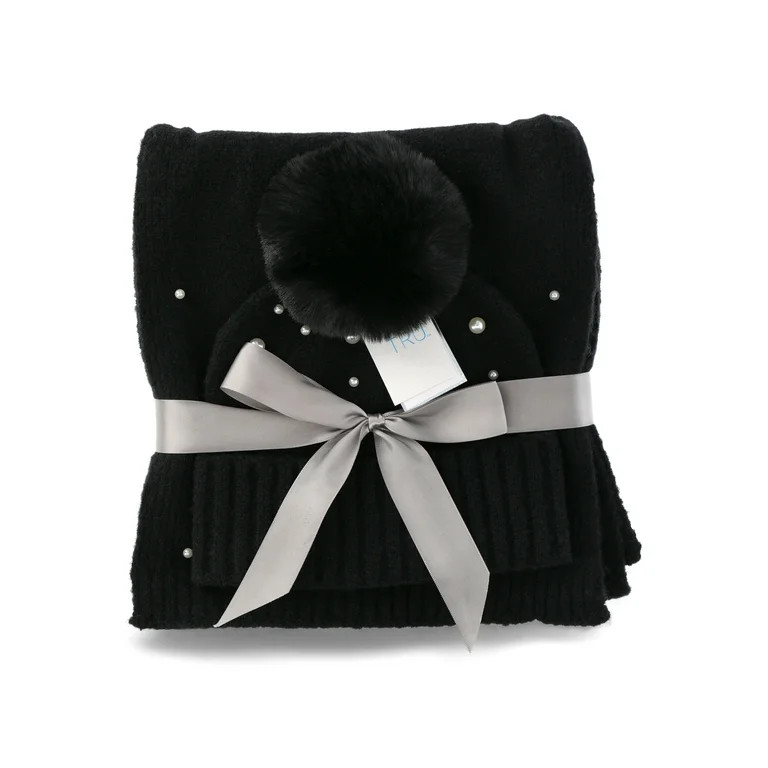Time and Tru Women's Faux Pearl Accent Beanie and Winter Scarf 2-Piece Gift Set, Black | Walmart (US)