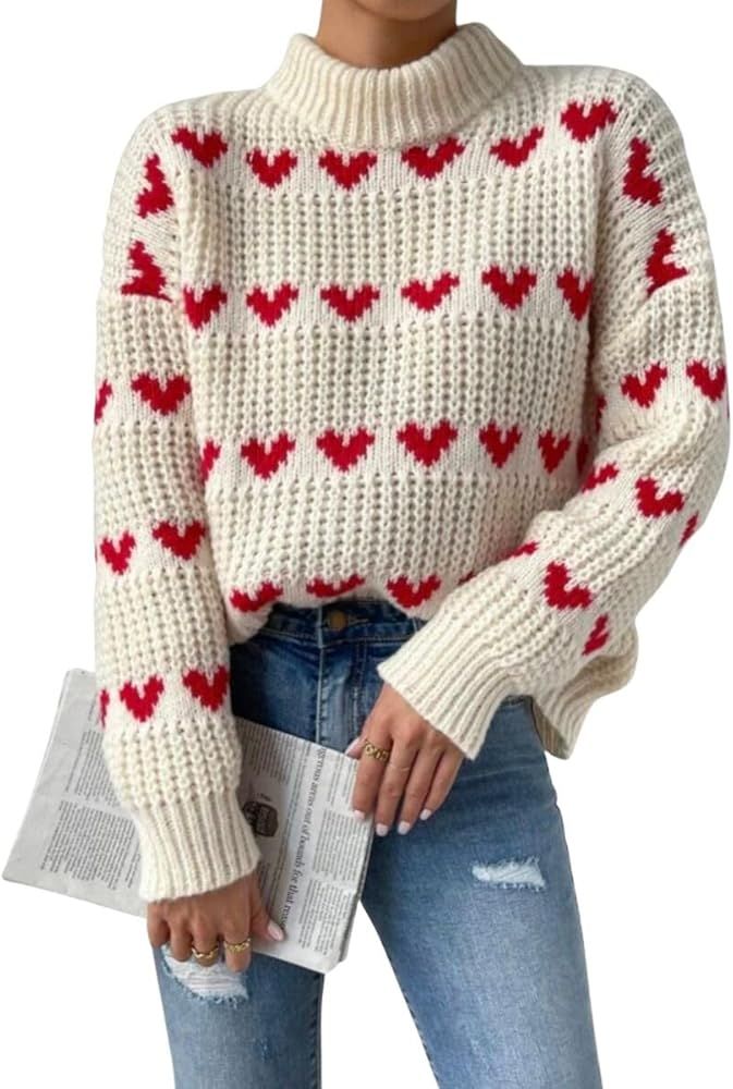 ebossy Women's Cute Heart Cable Knit Pullover Mock Neck Long Sleeve Loose Sweater Top | Amazon (US)