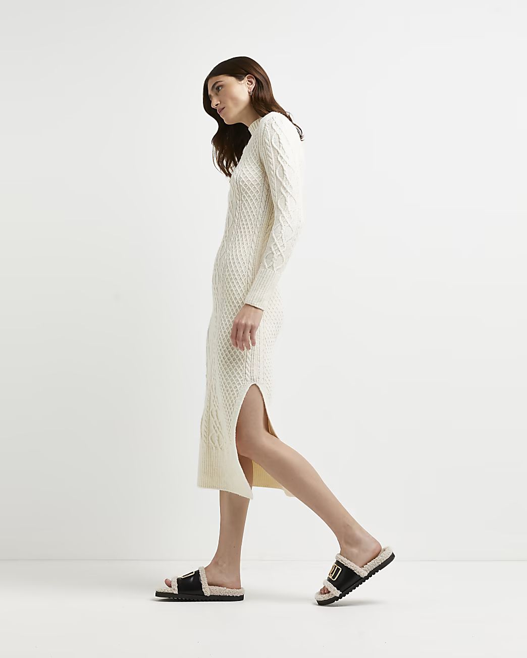 Cream chunky cable knit bodycon dress | River Island (UK & IE)