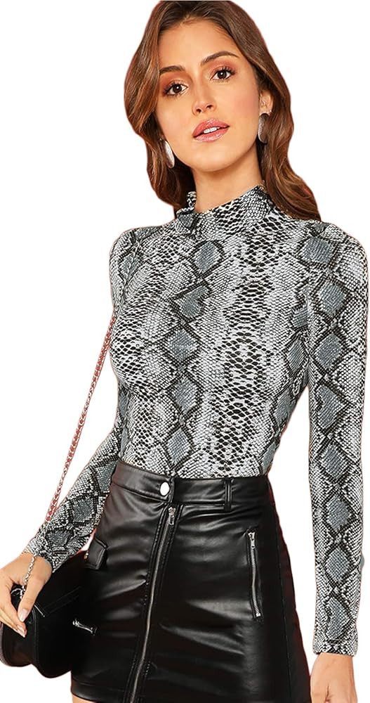 Floerns Women's Long Sleeve Mock Neck Slim Snakeskin T-Shirt Tops | Amazon (US)