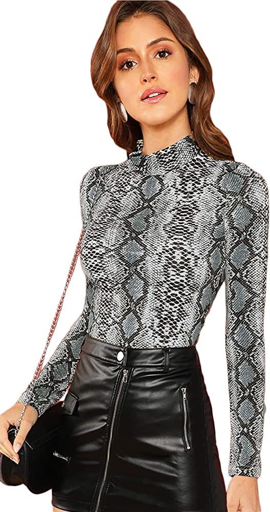 Floerns Women's Long Sleeve Mock Neck Slim Snakeskin T-Shirt Tops | Amazon (US)