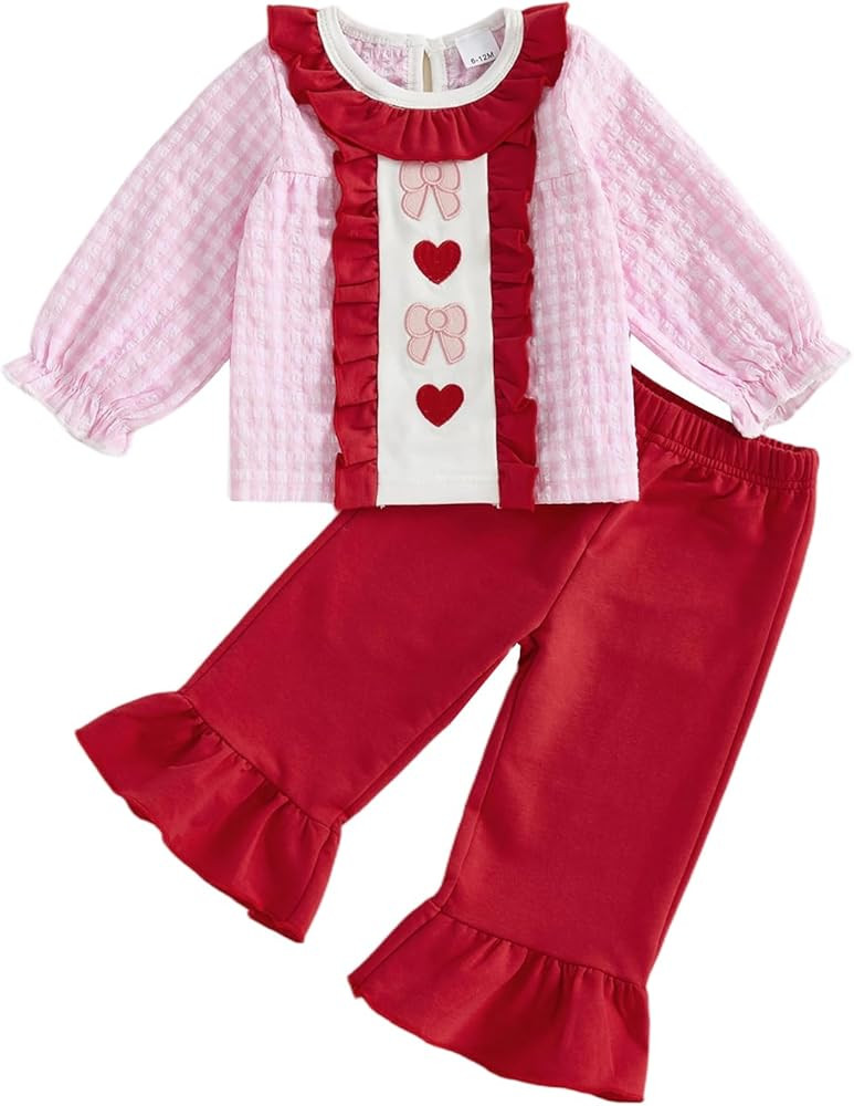 VISGOGO Toddler Girl Valentines Day Outfit Love Heart Embroidery Sweatshirt Shirt Pants Plaid Bow... | Amazon (US)