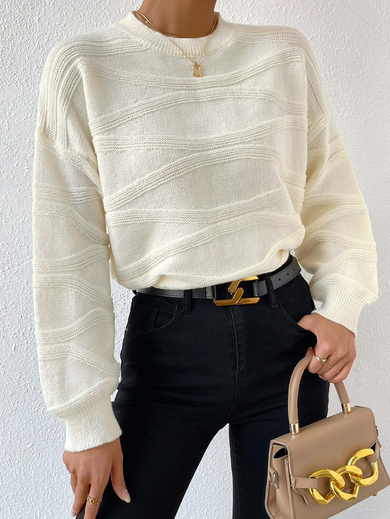 SHEIN Essnce Textured Knit Drop Shoulder Sweater | SHEIN