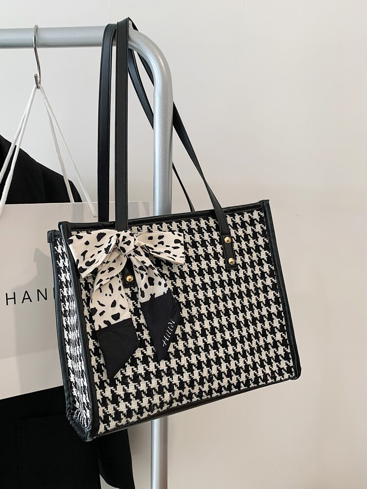 Twilly Scarf Decor Houndstooth Pattern Shoulder Tote Bag | SHEIN