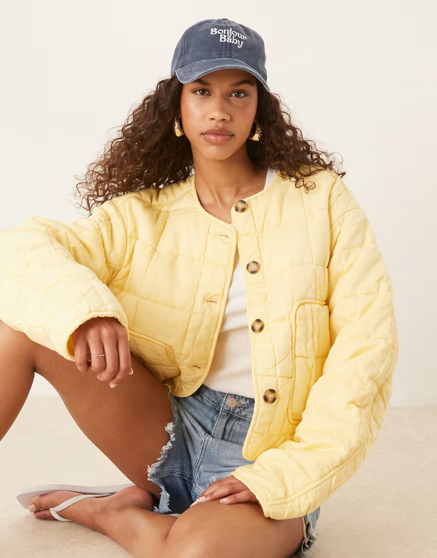 ASOS DESIGN cropped collarless quilted jacket in lemon-Yellow | ASOS (Global)