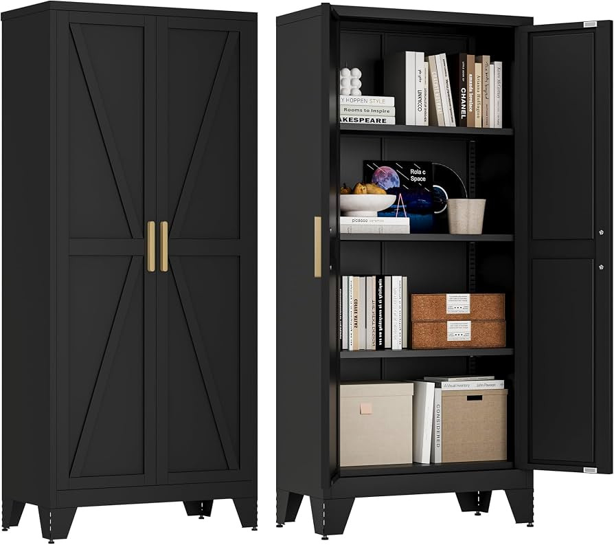 61" Tall Farmhouse Metal Pantry Cabinet, Kitchen Pantry Storage Cabinets with 2 Barn Door and Adj... | Amazon (US)
