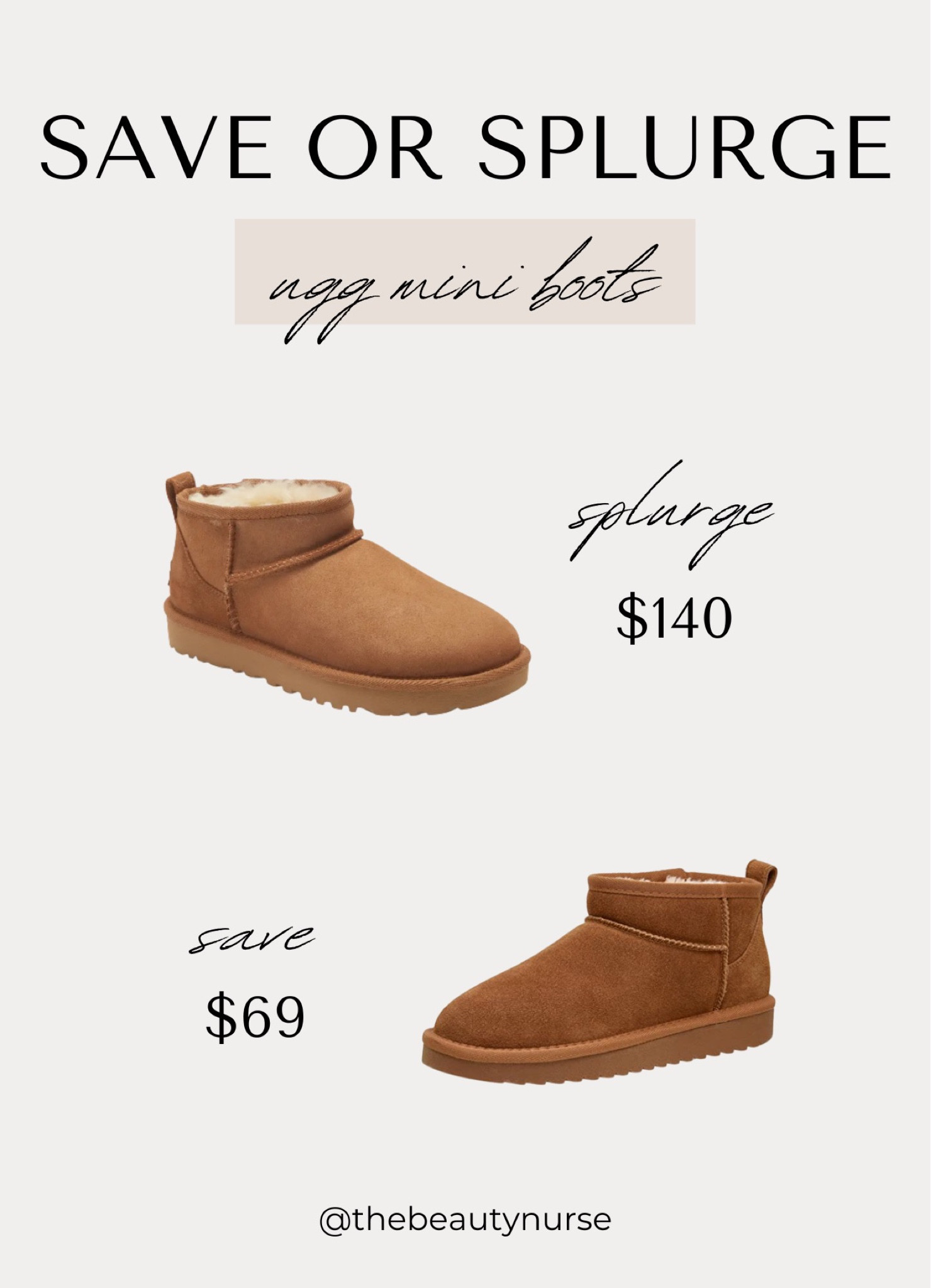 Save or splurge Ugg mini boots 

#LTKstyletip #LTKSeasonal #LTKshoecrush