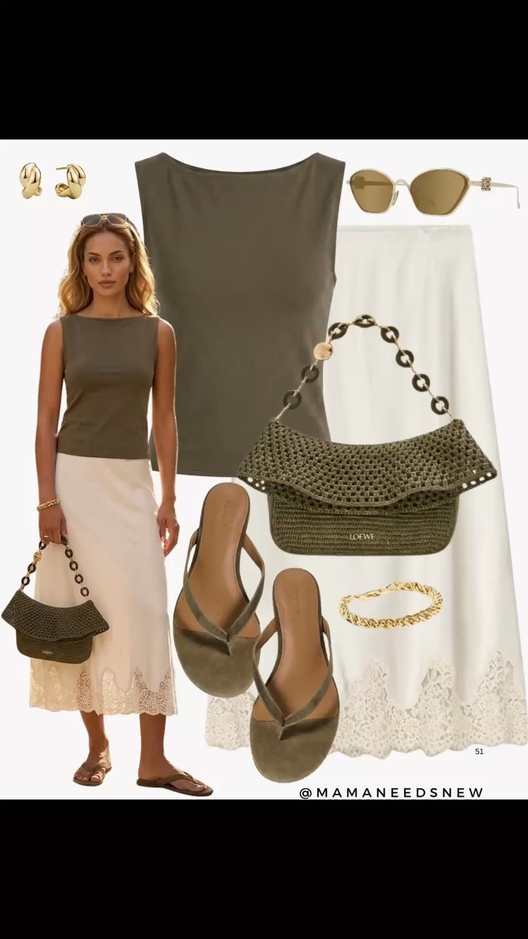 A spring to summer outfit with a tank top, lace trim satin midi skirt, flip flop sandals, shoulder raffia bag 💚