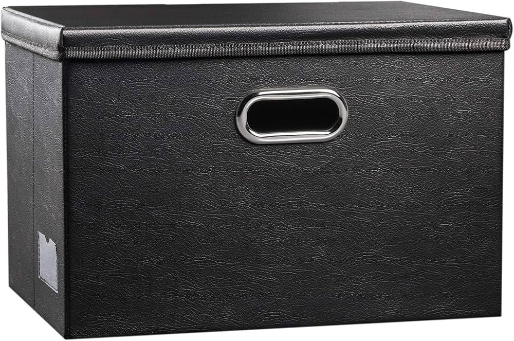 PRANDOM Large Collapsible Storage Bin with Lid [1-Pack] Leather Fabric Foldable Storage Box Organ... | Amazon (US)