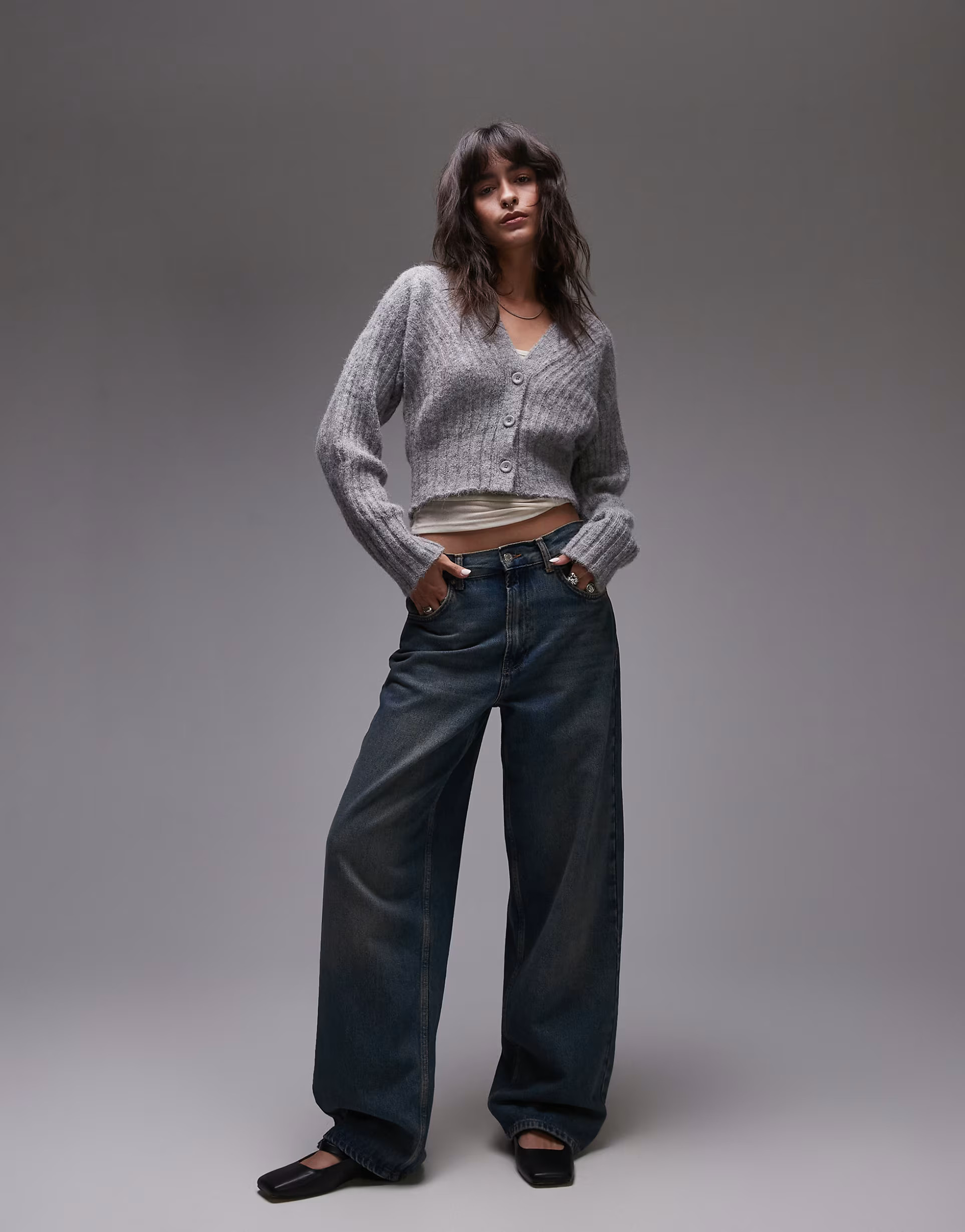 Topshop knitted ovoid sleeve v-neck cardigan in grey | ASOS (Global)