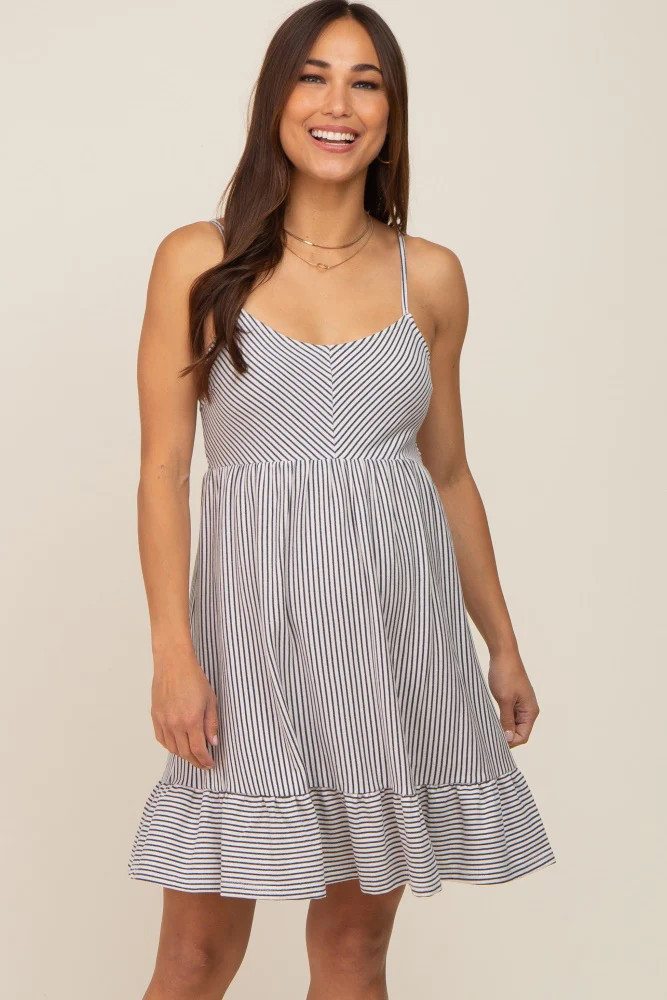 Navy Striped Gathered Tier Maternity Dress | PinkBlush Maternity