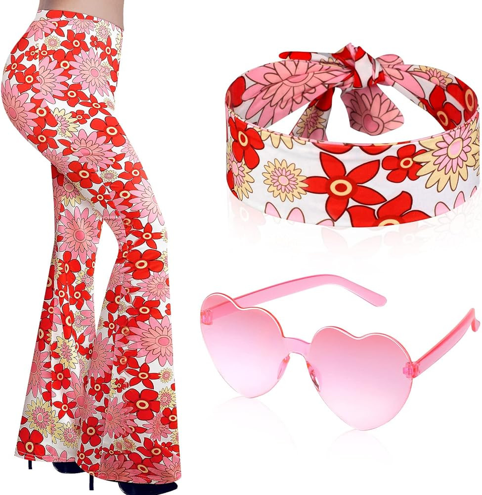 3 Pcs 60s 70s Outfit for Women Hippie Costume Set Disco Flared Pants Groovy Outfit Party Accessor... | Amazon (US)