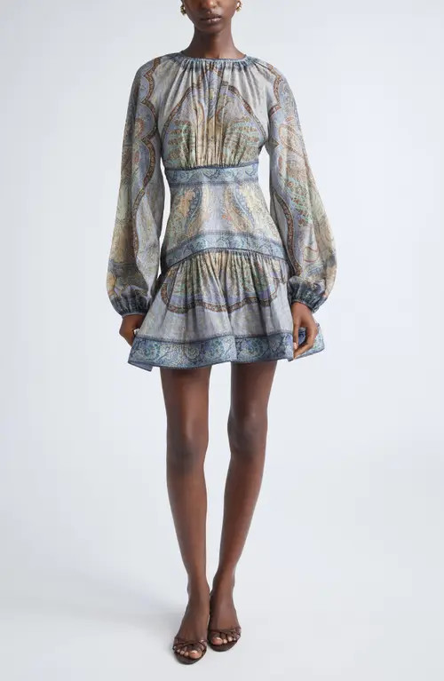Zimmermann Wanderlust Long Sleeve Fit & Flare Minidress in Tapestry Blue Multi at Nordstrom, Size 0 | Nordstrom