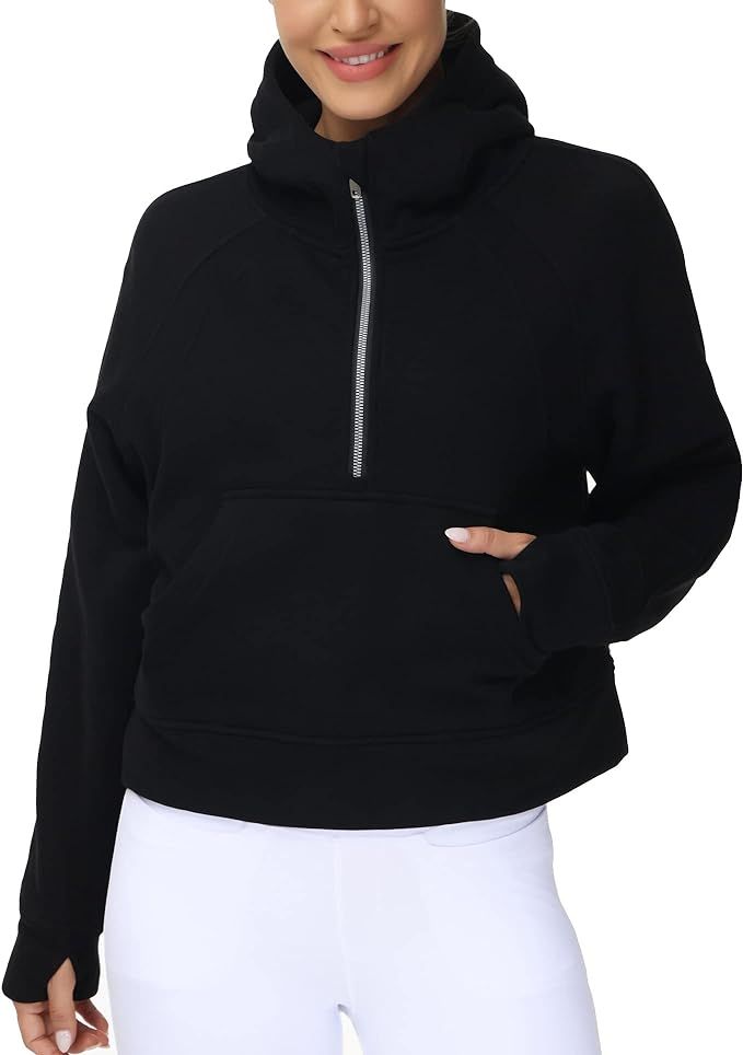 Women’s Hoodies Half Zip Long Sleeve Fleece Crop Pullover Sweatshirts with Pockets Thumb Hole | Amazon (US)