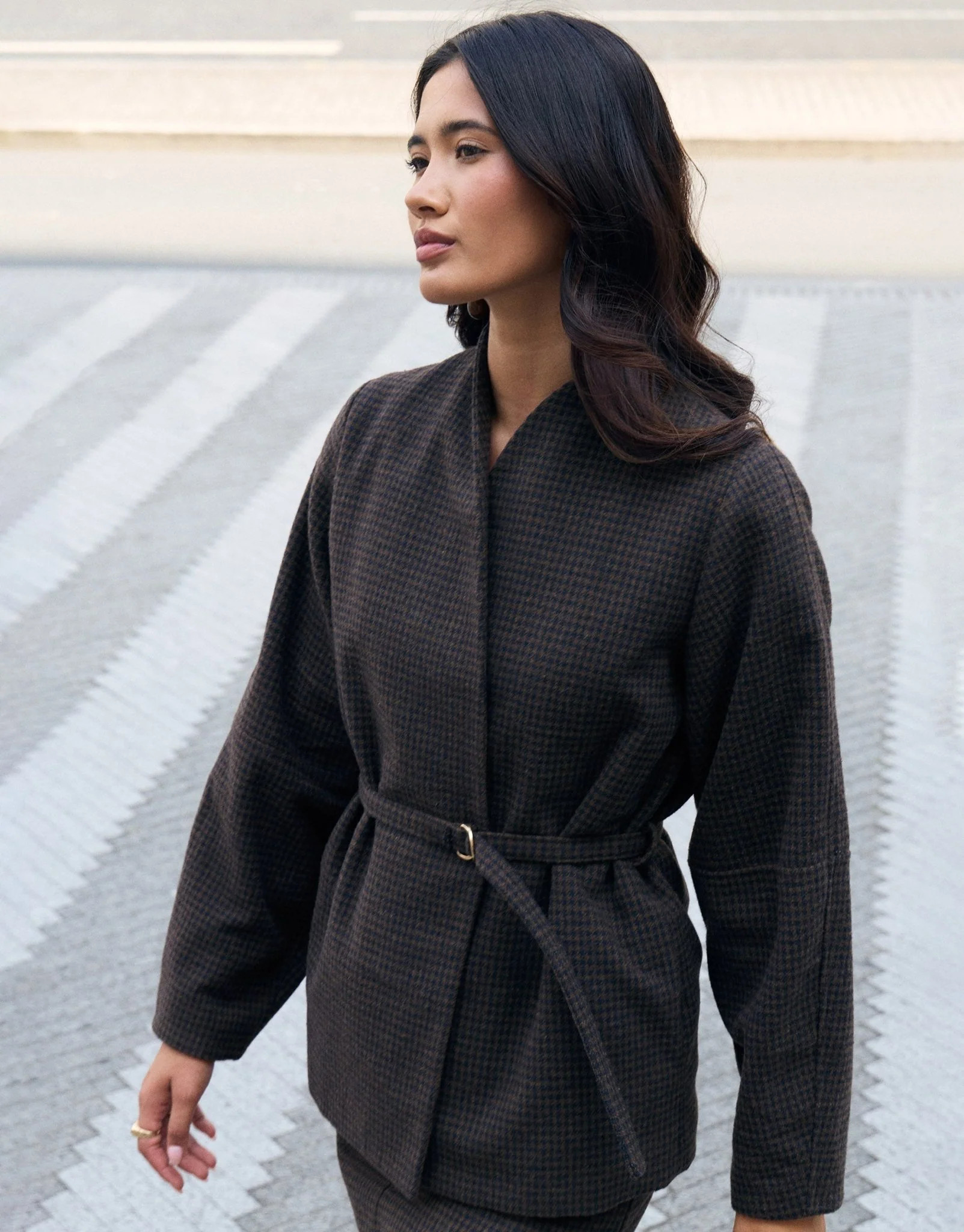 Faux Wool Cocoon Blazer in Brown Check | Threadbare UK