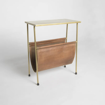 Brass Finish Side Table with Leather Magazine Holder