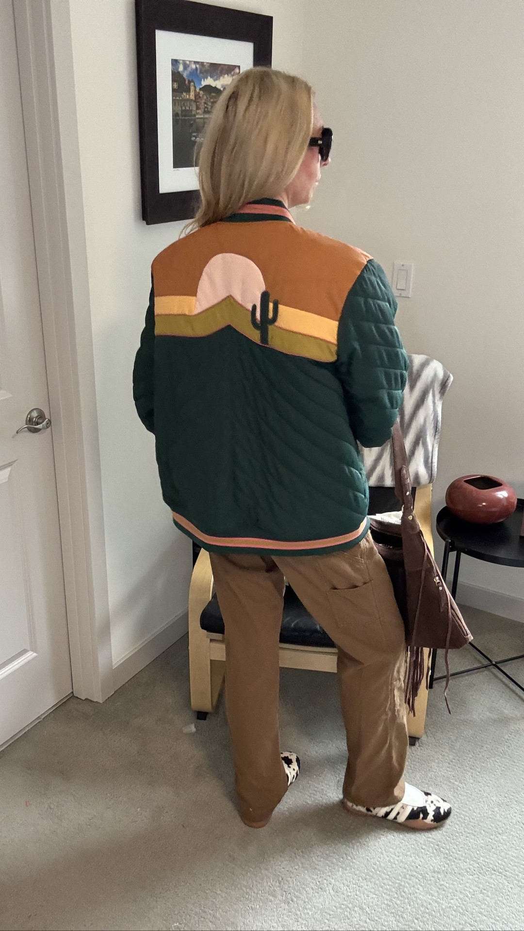 Putting on a cute outfit is definitely a form of self care for me! As busy woman and mamas it’s easy to forget about ourselves, this is one way I show up for myself regularly. 

I sized up in this jacket to an XL for an oversized fit, I am 5’ 9” about 140 lbs for reference. 

Jacket @classicrockcouture
Men’s Pink tee @oldnavy
Men’s White tee @amazon
Men’s Carpenter pants @gapstyle 
Shoes @adidas 
Bag @rotunda
Bolo tie @jennybird
Sunglasses @amazon