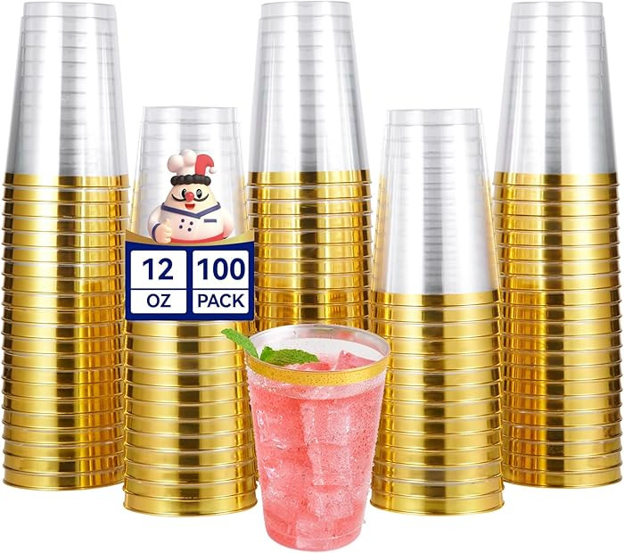 JOLLY CHEF 100 Pack Gold Plastic Disposable Cups, 12 oz Clear Plastic Cups Tumblers, Elegant Gold... | Amazon (US)