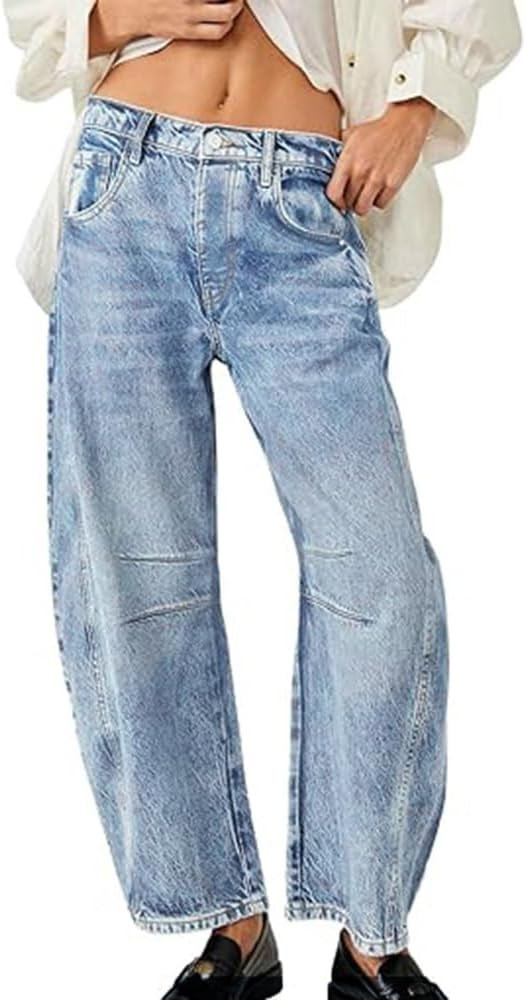HUNGSON Women's Barrel Jeans Wide Leg Mid Rise Loose Y2k Baggy Boyfriend Jeans Denim Ankle Pants | Amazon (US)
