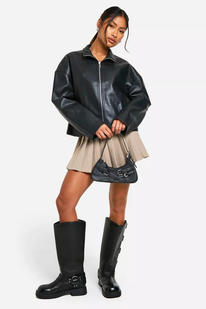 Funnel Neck Faux Leather Bomber Jacket | Boohoo.com (UK & IE)