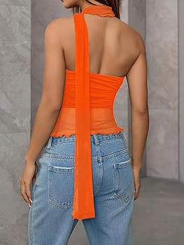 Milumia Women Bandeau Tops Ruched Mesh Halter Shirts with Scarf | Amazon (US)