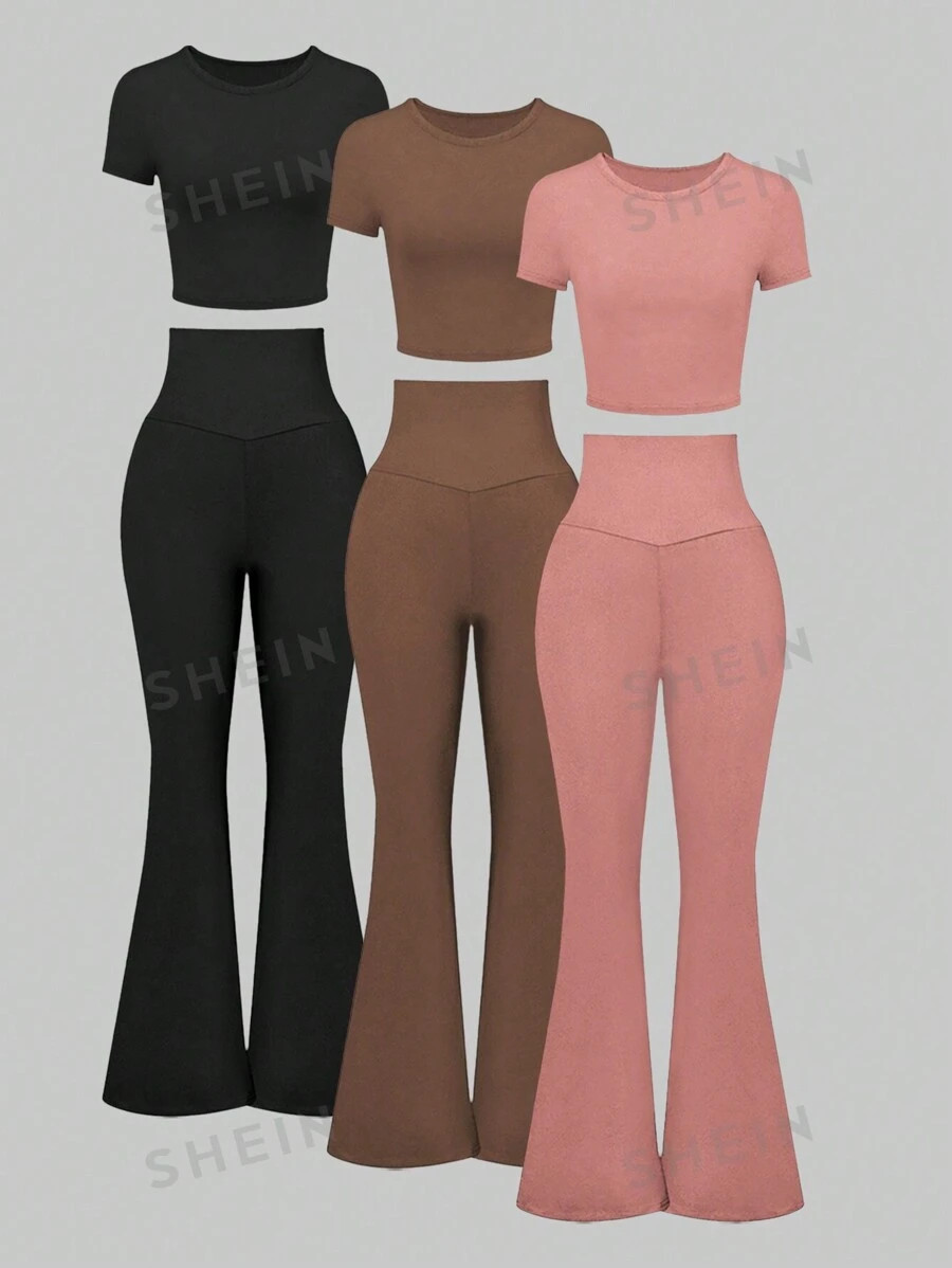 SHEIN MOOSTA 3pcs/Set Round Neck Short Sleeve T-Shirt And Adjustable Elastic Flare Bottom Pants E... | SHEIN
