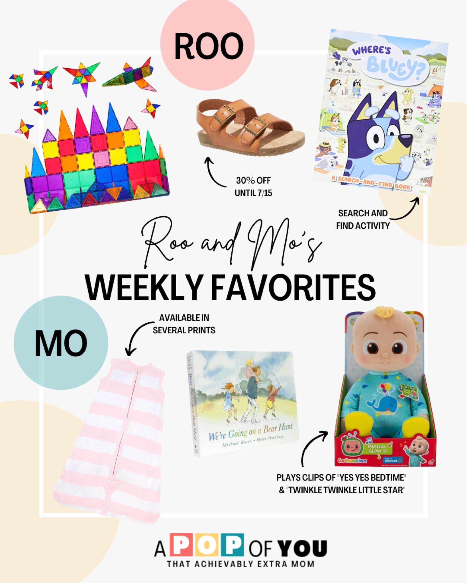 Roo has been LOVING her new sandals from Target and this Bluey Search and Find book from Amazon is a before bedtime favorite! I bought her these Picasso magnetic tiles on Prime Day. They just came in and she’s HOOKED!

Little Mo sleeps so well in her Burt’s Bees sleep sack. Its .05 tog is perfect for summertime naps. She’s OBSESSED  with this We’re Going on a Bear Hunt book. I swear I read it 5 times a day! And we haven’t been going anywhere without JJ. This one has a SOFT head. Praise! 🙌🏼

#LTKunder50 #LTKFind #LTKkids