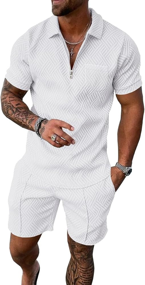 UOUA Mens Track Suits 2 Piece Sets Short Sleeve Sweatsuit Outfits 1/4 Zip Golf Polo Shirts Summer... | Amazon (US)