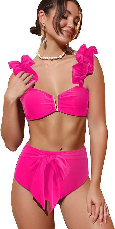 SPORLIKE Women High Waisted Swimsuit Flounce Straps Bikini Bathing Suit | Amazon (US)