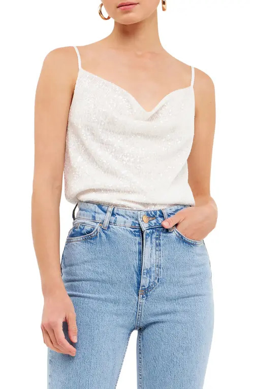 Endless Rose Sequins Cowl Neck Camisole in White at Nordstrom, Size Small | Nordstrom