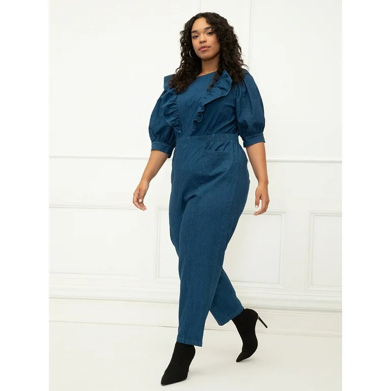 ELOQUII Elements Women's Plus Size Denim Jumpsuit With Ruffles - Walmart.com | Walmart (US)