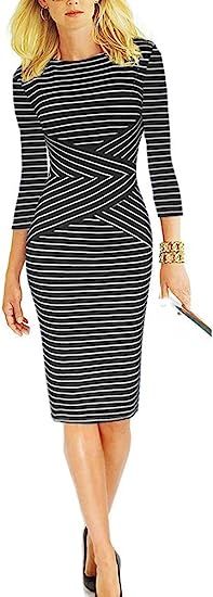 REPHYLLIS Women 3/4 Sleeve Striped Wear to Work Business Cocktail Pencil Dress at Amazon Women’... | Amazon (US)