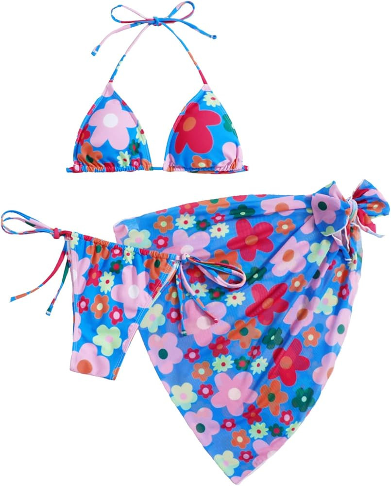 SOLY HUX Women's Wrap Triangle Bikini Bathing Suits with Mesh Beach Skirt 3 Piece Swimsuits | Amazon (US)