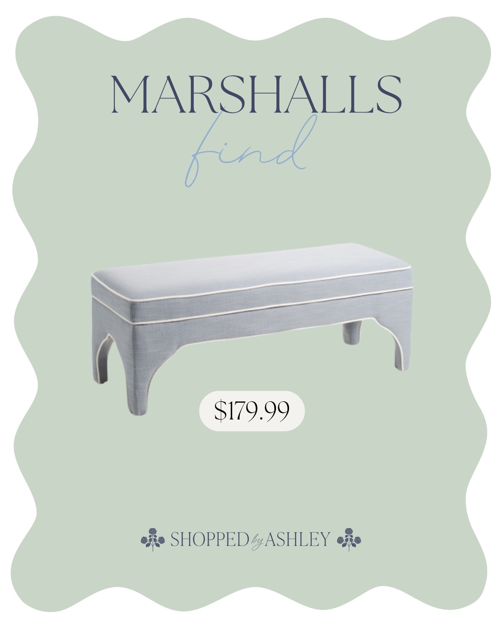 Amazing price for this upholstered bench! I’ve seen it in the store in cream and it is SO nice 🙌🏻

HomeGoods find, Lillian August bench, upholstered bench, blue bench, dusty blue bench, designer look, TJ Maxx find, Marshalls find 