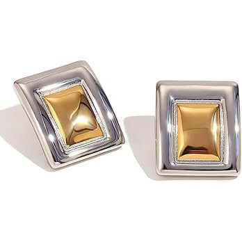 Chunky Gold Rectangle Earrings for Women Gold Silver Two Tone Statement Trendy Geometric Earring ... | Amazon (US)