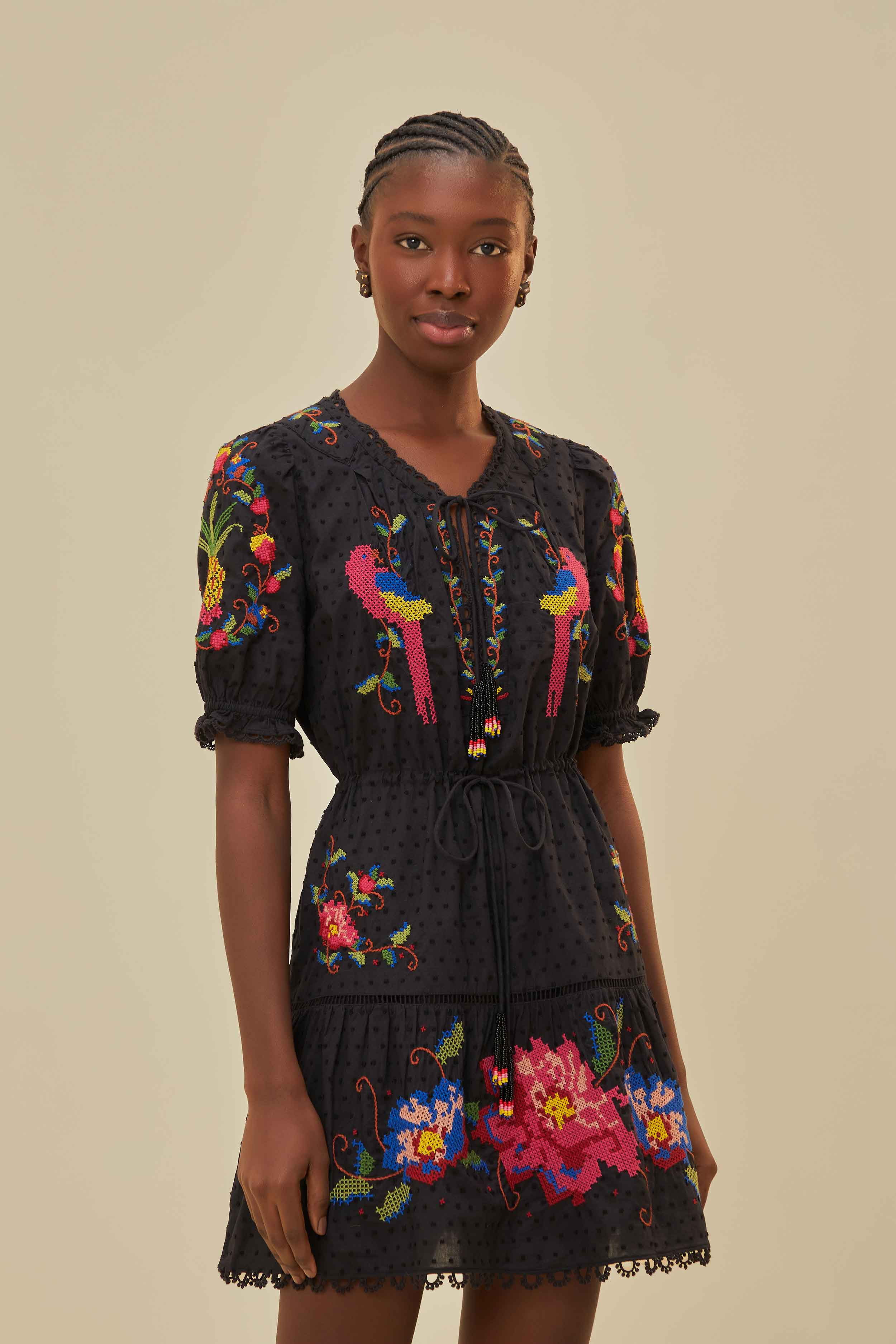 black embroidered mini dress | FarmRio (US)