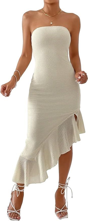 MakeMeChic Women's Waffle Knit Strapless Tube Dress Sleeveless Asymmetrical Ruffle Bodycon Midi D... | Amazon (US)