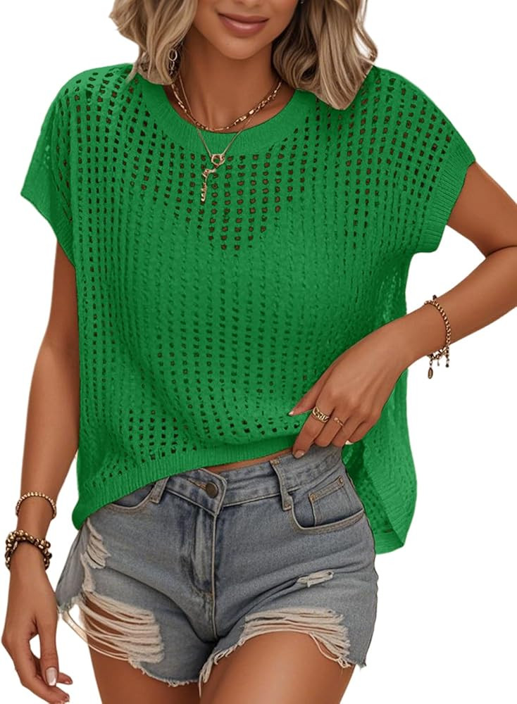 Womens Summer Crochet Tops Hollow Out Cap Sleeve Cover Up Tank Top Pullover Sweater Vest Beach Va... | Amazon (US)