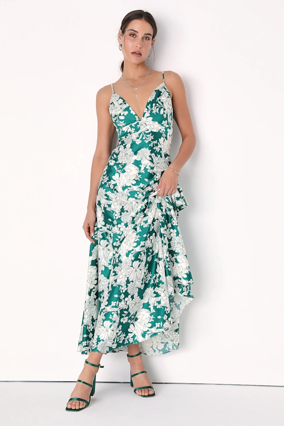 Style Soiree Emerald Floral Print Satin Sleeveless Maxi Dress | Lulus (US)