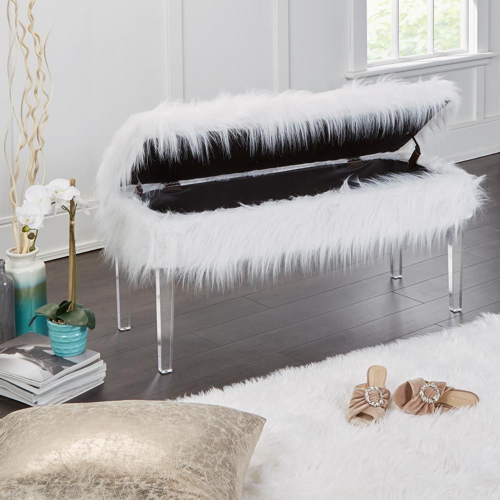 Vanessa White Fur Storage Bench | The Home Depot