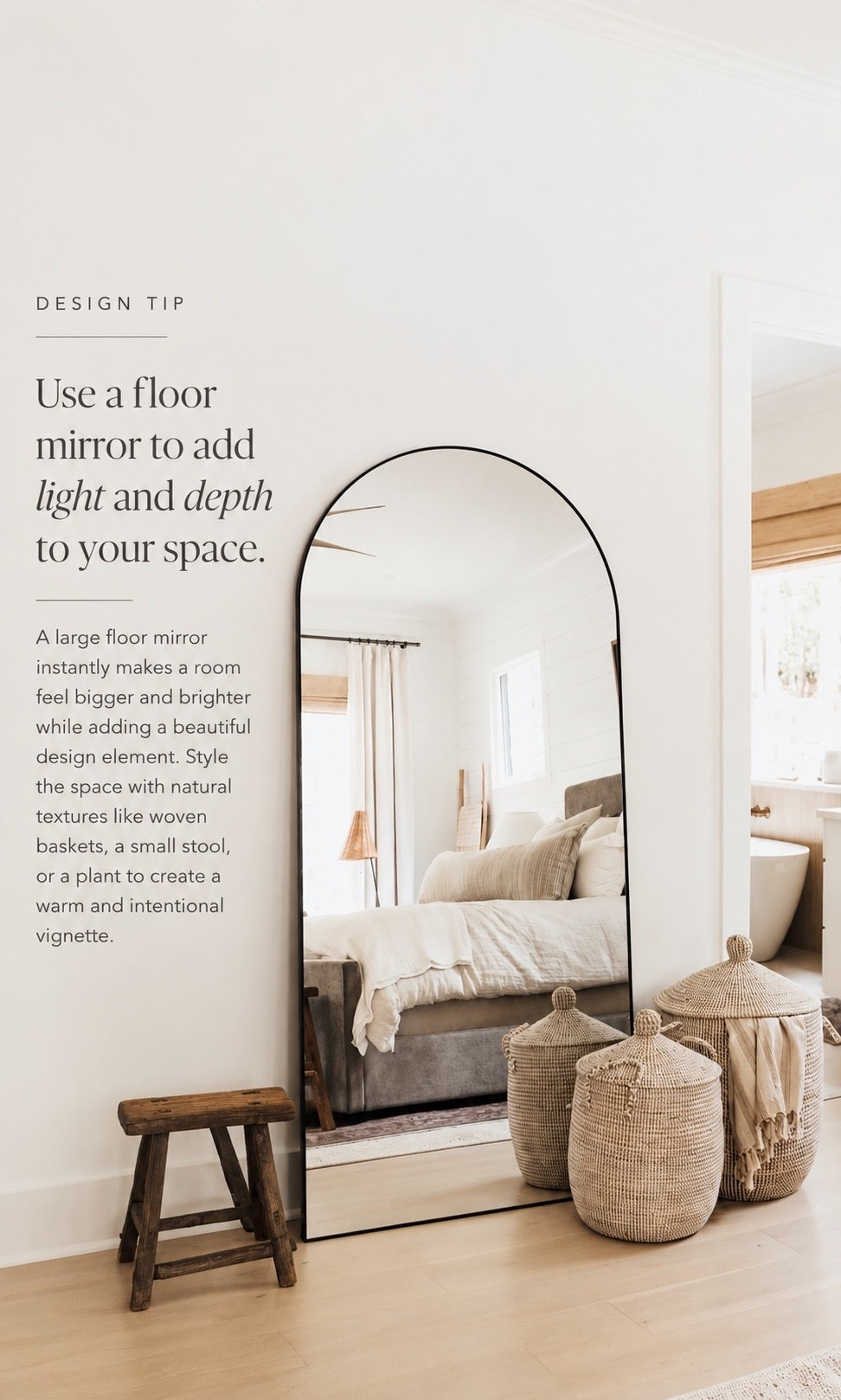 A statement floor mirror brings light, depth, and dimension while making the entire space feel more open and airy ✨ Paired with warm wood and woven textures, it creates a simple, collected corner that feels both functional and beautifully styled.

#FloorMirror #HomeDecor #InteriorStyling #NeutralHome #DesignInspiration

#LTKHome #LTKvlog
